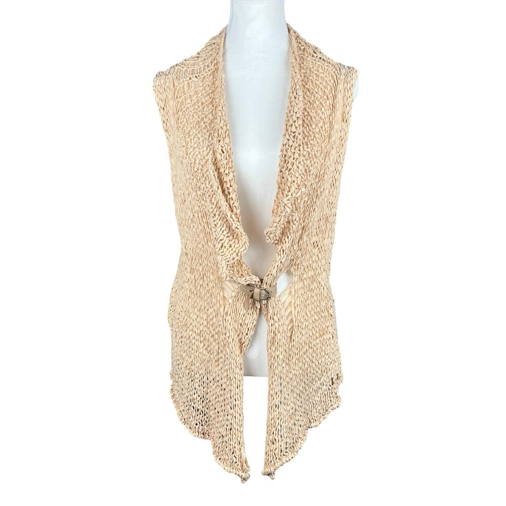 Crea Concept Beige Woven‎ Distressed Sleeveless Cardigan Vest Buckle Womens M